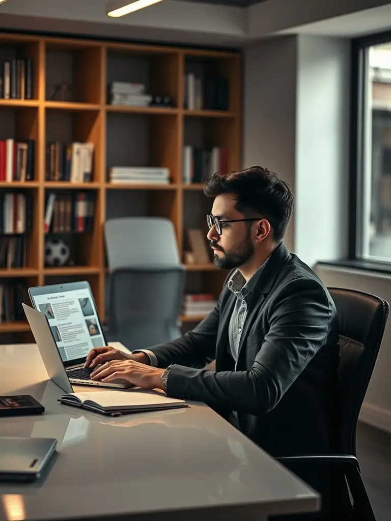 Content strategist reviewing blog posts and articles in a modern office.