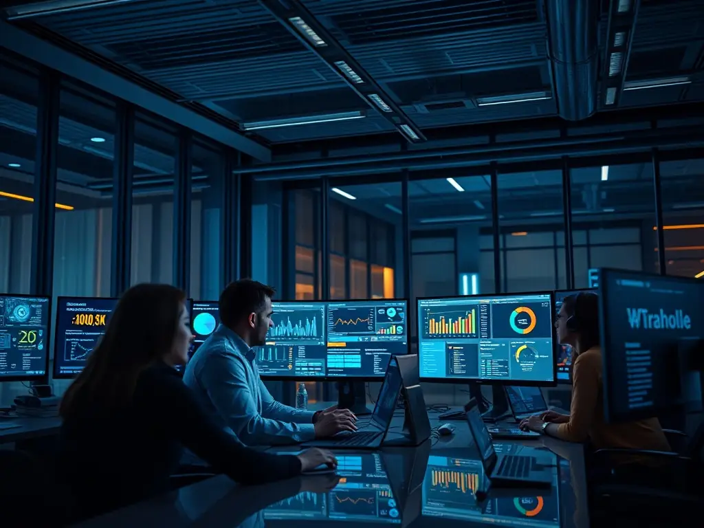 A team of digital marketing experts analyzes data in a modern office setting.