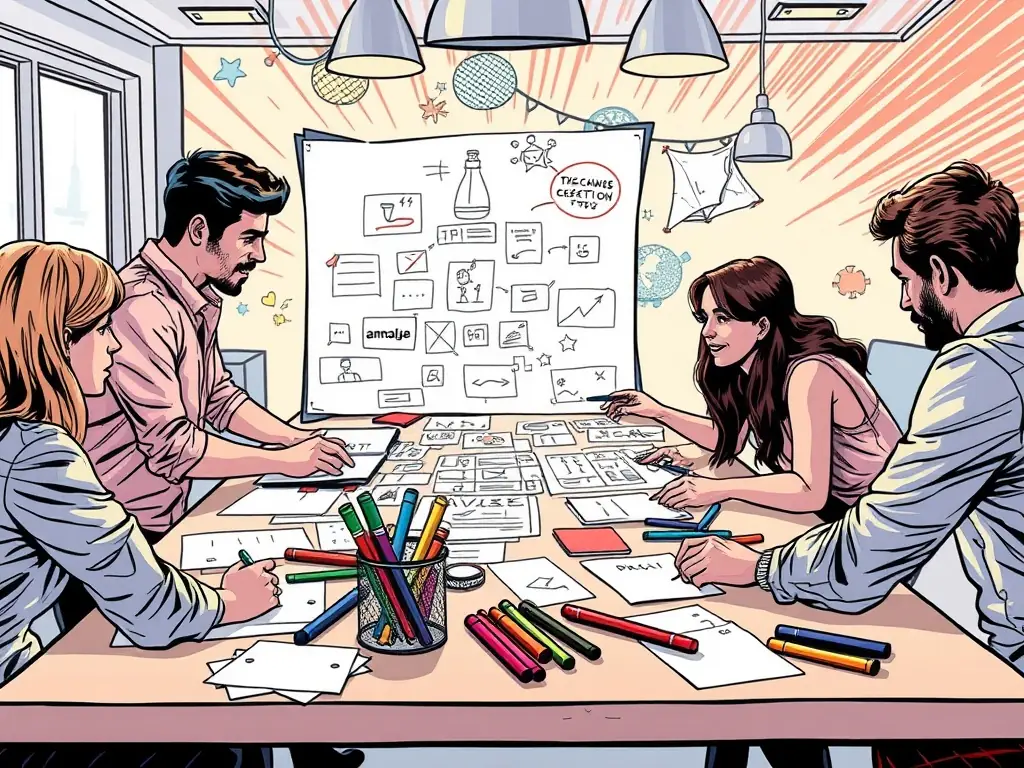 A creative team brainstorming with sketches and notes for Amazon A+ Content.