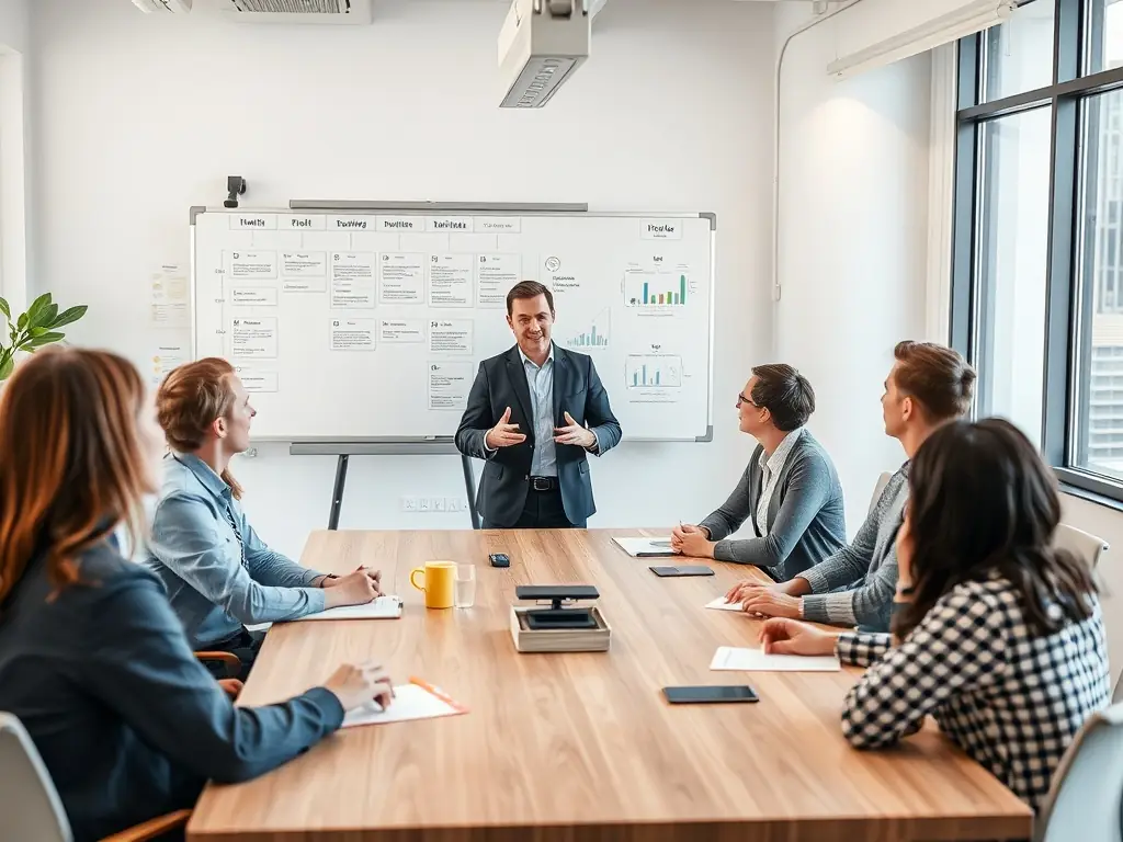 A project manager leading a team meeting, discussing project timelines and deliverables in a modern office setting.