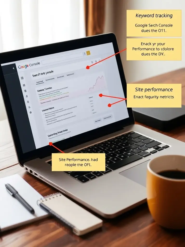 A laptop screen showing the Google Search Console interface with keyword tracking metrics.
