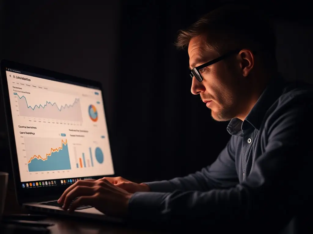 A digital marketing consultant analyzing website analytics on a laptop screen, focusing on conversion rate metrics.