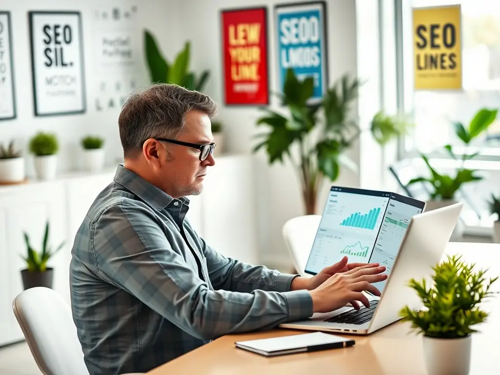 Digital marketing consultant analyzing SEO data on a laptop.