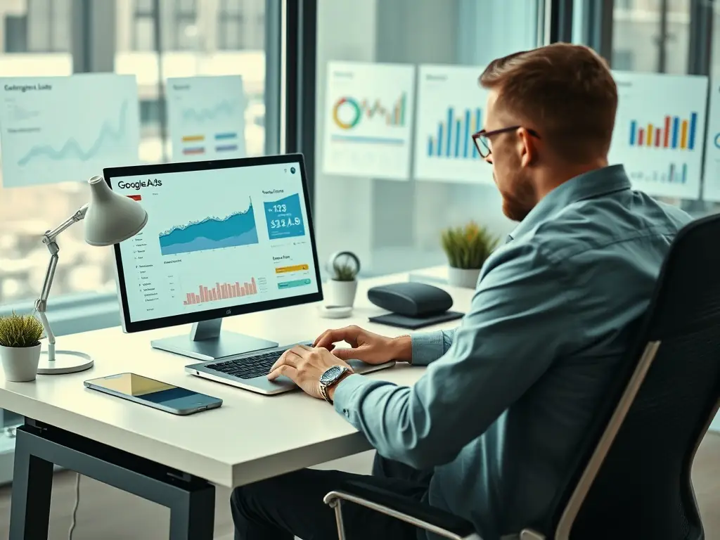 Digital marketing consultant analyzing Google Ads performance metrics on a laptop.