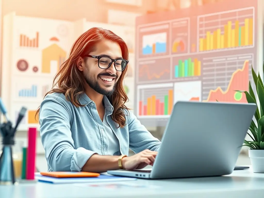 A digital marketing consultant working on a laptop surrounded by charts and graphs.