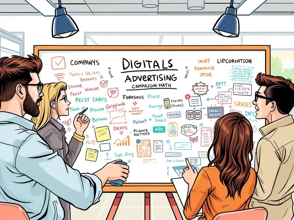 A team brainstorming a digital advertising campaign on a whiteboard.