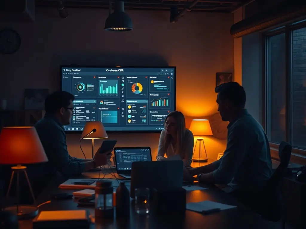 A team collaborating on a custom CRM system in a dark office setting.