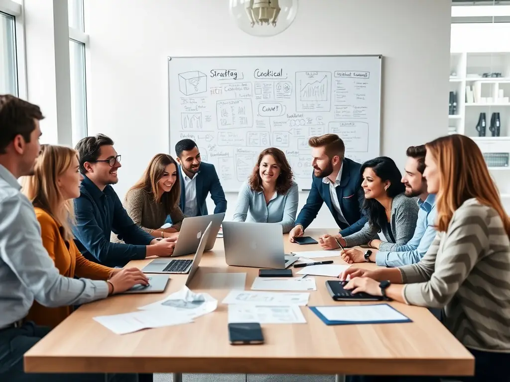 A team of digital marketing experts collaborating in a modern office.