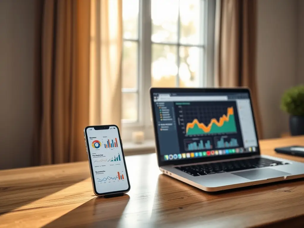A smartphone and a laptop with synchronized analytics dashboards.