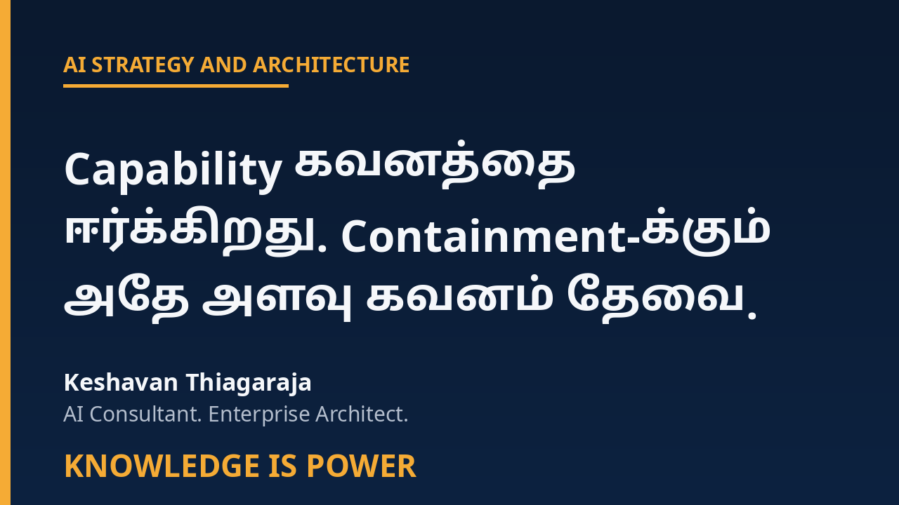 Navy LinkedIn cover with Tamil headline: Capability கவனத்தை ஈர்க்கிறது. Containment-க்கும் அதே அளவு கவனம் தேவை. - ITIMPRESS