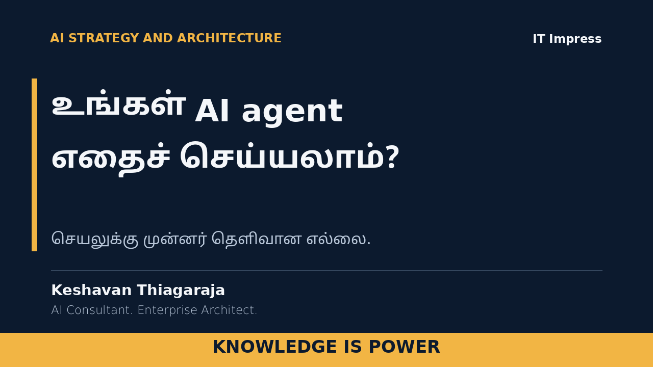 Navy and amber Tamil cover asking உங்கள் AI agent எதைச் செய்யலாம்?, with the subtitle செயலுக்கு முன்னர் தெளிவான எல்லை., Keshavan Thiagaraja's byline and the bold footer KNOWLEDGE IS POWER.